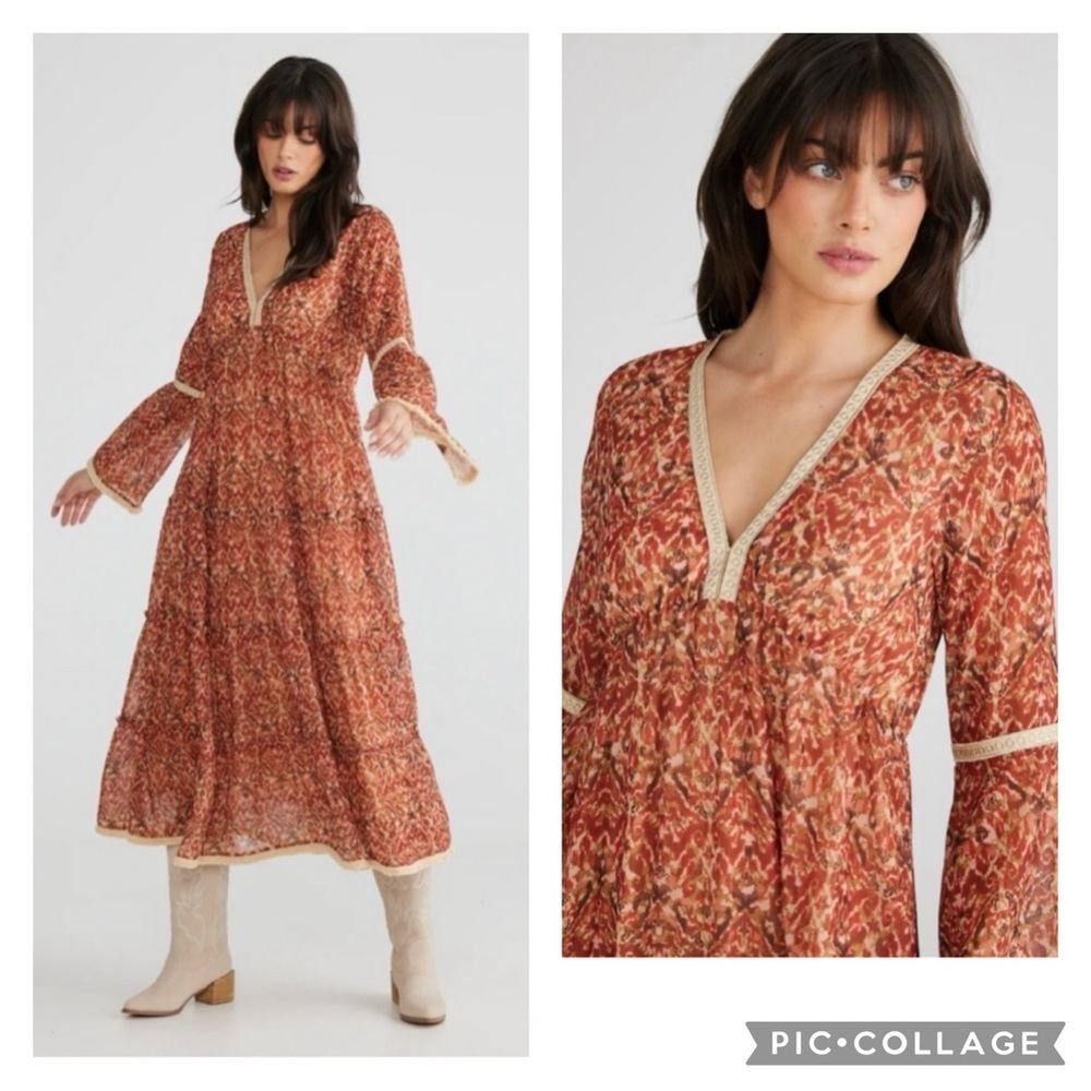 NEW Talisman Zelda Printed V-Neck Long Bell Sleeve Tiered A-Line Dress Size M - Picture 1 of 13